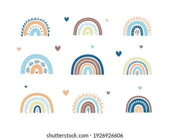 Set of Scandinavian leafy rainbows with hearts in pastel blue colors for nursery posters, children arts, boho cards, baby shower, textile isolated on white background.