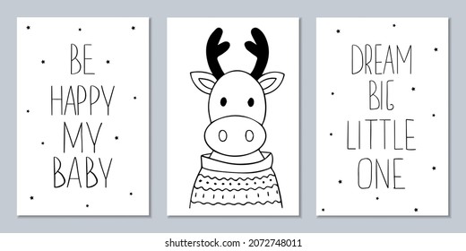 Set of Scandinavian monochrome posters with animals and captions. Black and white wall art to decorate a child's room.