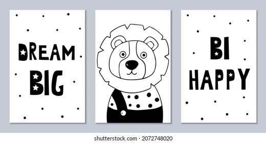 Set of Scandinavian monochrome posters with animals and captions. Black and white wall art to decorate a child's room.