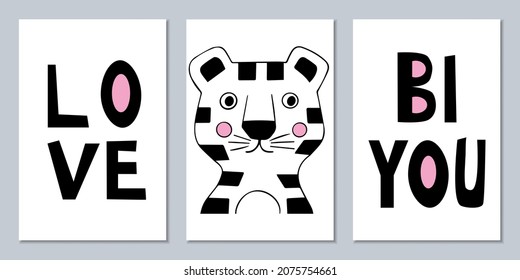 Set of Scandinavian monochrome posters with animals and captions. Black and white wall art to decorate a child's room.