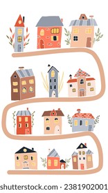A set of Scandinavian multicolored houses, doodle hand drawn , cartoon flat .Autumn illustrations of buildings, children's drawings. For kids. On white background .
