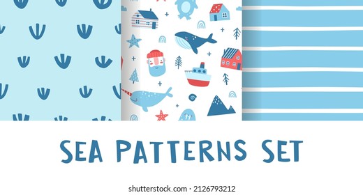 Set of scandinavian patterns for baby. Collection of cute fabric nordic sea prints. Bundle of naive childish marine patterns. 