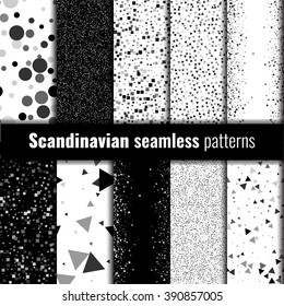 Set of scandinavian seamless black and white geometric patterns. Stock vector.