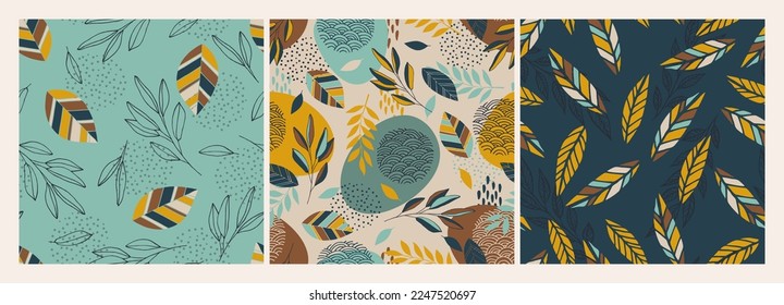 Set of scandinavian seamless doodle pattern with vintage leaves sketch.  For wrapping paper. Ideal for wallpaper, surface textures, textiles.