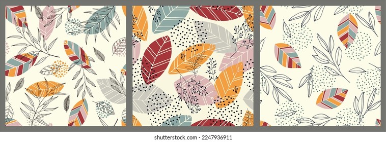 Set of scandinavian seamless doodle pattern with vintage leaves sketch.  For wrapping paper. Ideal for wallpaper, surface textures, textiles.