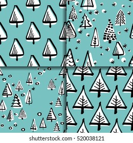 Set scandinavian seamless pattern of Christmas tree vector hand-drawing graphics.