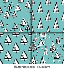 Set scandinavian seamless pattern of Christmas tree vector hand-drawing graphics.