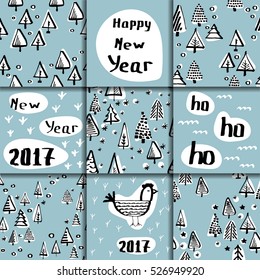 Set scandinavian seamless pattern of Christmas tree vector hand-drawing graphics.