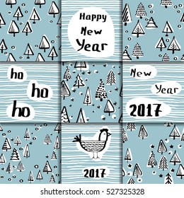Set scandinavian seamless pattern of Christmas tree vector hand-drawing graphics.