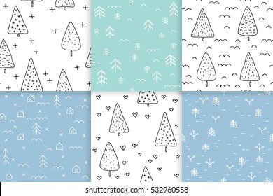 Set scandinavian seamless pattern of Christmas tree vector hand-drawing graphics.