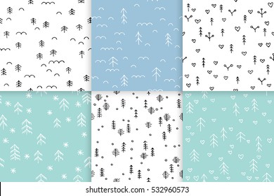 Set scandinavian seamless pattern of Christmas tree vector hand-drawing graphics.