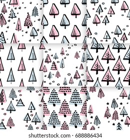 Set scandinavian seamless pattern of Christmas tree vector hand-drawing graphics pattern for wrapping .