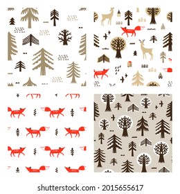 Set of scandinavian seamless patterns. Vector background with forest animals and trees.