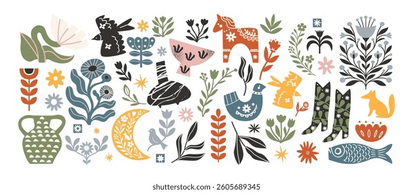 Set Scandinavian stickers, hand drawn vector illustrations with birds, patterns, plants and vases in minimalistic cartoon retro style. Cozy shapes, trendy elements