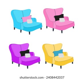 Set scandinavian style large soft armchair and pillow with pattern.  Soft modern furniture for cozy home interior. Hand drawn flat doodle vector illustration.
