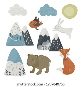 Set of scandinavian style mountain and woodland animals on white background for scrapbooking, stickers, decals, fabric, decoration, invitation