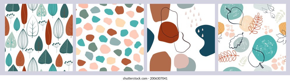 A set  Scandinavian style of seamless abstract  simple minimalistic patterns with leaves, branches, rounded shapes. 