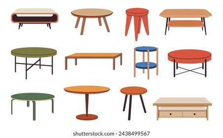 Set of scandinavian tables. Coffee tables home decor furniture. Round and rectangular, wooden and metal living room modern tables. Cartoon flat vector illustration isolated on white.