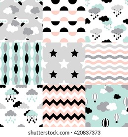 Set of Scandinavian trend seamless pattern. Newborn seamless vector patterns. Kid pattern. Vector seamless baby pattern. Kids bed linen. Polish cotton, American cotton, Chinese cotton.