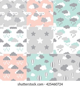 Set of Scandinavian trend seamless pattern. Newborn seamless vector patterns. Kid pattern. Vector seamless baby pattern. Kids bed linen. Polish cotton, American cotton, Chinese cotton.