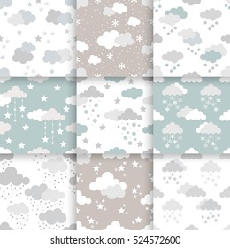 Set of Scandinavian trend seamless winter pattern. Minimalistic xmas vector seamless pattern perfect for wallpaper, textile cotton print, bed linen, holiday package or wrapping paper.