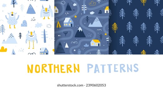 Set of scandinavian winter pattern with cute yeti. Seamless nordic vector print collection for kids textile.