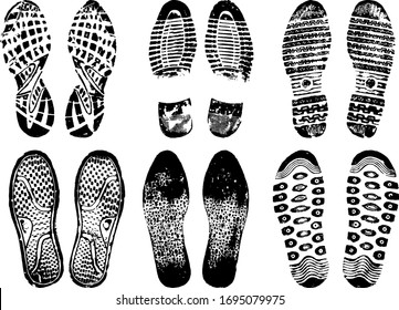 Set of scanned and converted into vector images double footprints stamped with black ink