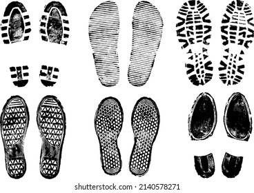 Set of scanned and converted into vector images double footprints stamped with black ink