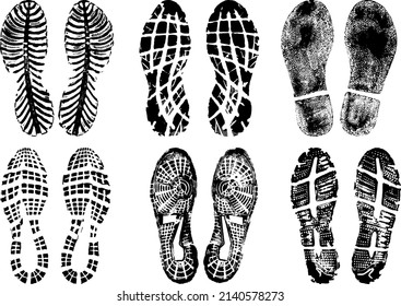 Set of scanned and converted into vector images double footprints stamped with black ink