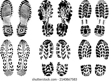 Set of scanned and converted into vector images double footprints stamped with black ink