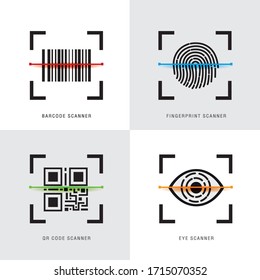 Conjunto de iconos de elementos de escáner, código QR, código de barras, huellas dactilares y escáner visual. Diseño plano negro para sitio web o aplicación en teléfono móvil. Ilustración del vector 