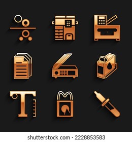 Set Scanner, Paper shopping bag, Pipette, Printer ink cartridge, Text, File document, Copy machine and roll of printing press icon. Vector