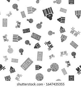Set Scanner scanning bar code , Placeholder on map paper in perspective , Railway carriage  and Mobile phone with app delivery tracking  on seamless pattern. Vector