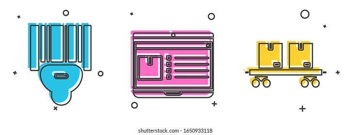 Set Scanner scanning bar code , Laptop with app delivery tracking  and Railway carriage  icon. Vector