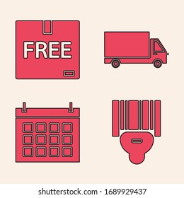 Set Scanner scanning bar code , Cardboard box with free symbol , Delivery cargo truck vehicle  and Calendar  icon. Vector