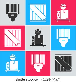 Set Scanner scanning bar code , Wooden box  and Scale with cardboard box  icon. Vector
