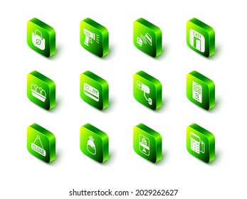 Set Scanner scanning bar code, POS terminal with credit card, Fire exit, Percent discount and mobile, Security camera, Fish plastic tray container and Spice icon. Vector