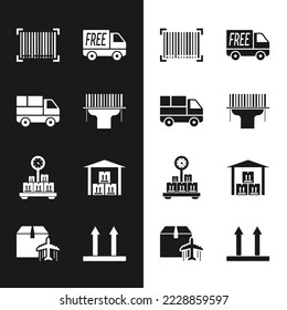 Set Scanner scanning bar code, Delivery truck with boxes, Barcode, Free delivery service, Scale cardboard, Warehouse, This side up and Plane and icon. Vector