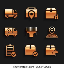 Set Scanner scanning bar code, Package box with check mark, Delivery package umbrella, Placeholder on map, Verification of delivery list, truck and stopwatch, Locked and cargo vehicle icon. Vector