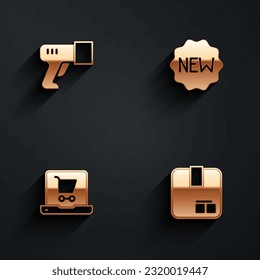 Set Scanner scanning bar code, Price tag with New, Shopping cart on screen laptop and Carton cardboard box icon with long shadow. Vector