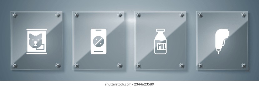 Set Scanner scanning bar code, Bottle with milk, Percent discount and mobile and Canned food. Square glass panels. Vector