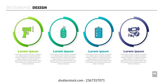 Set Scanner scanning bar code, Price tag with dollar, Shopping list and Candy. Business infographic template. Vector