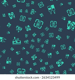 Set Scanner scanning bar code, Whiskey bottle, Cashier at cash register and Candy on seamless pattern. Vector