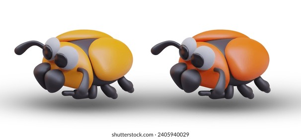 Conjunto de cicatrices, vista lateral. Escarabajo amarillo y naranja. Insectos coloridos al estilo de las caricaturas. Caracteres amigables para un diseño infantil brillante. Plantillas Web. Criatura del juguete