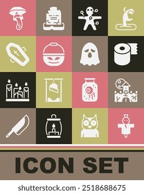 Set Scarecrow, Castle, fortress, Toilet paper roll, Voodoo doll, Pumpkin basket sweets, Coffin with cross, Psilocybin mushroom and Ghost icon. Vector