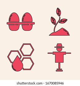 Set Scarecrow, Chicken egg in box, Sprout and Honeycomb icon. Vector