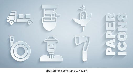 Set Espantapájaros, Maíz, Manguera de jardín, Hacha de madera, Pozo con cubo e icono de camioneta. Vector