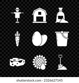 Set Scarecrow, Farm House concept, Bag of flour, Cheese, Sunflower, Shovel in the ground, Carrot and Chicken egg icon. Vector