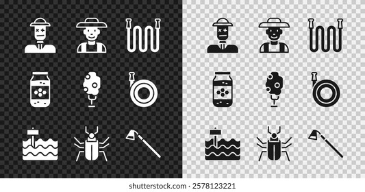 Set Scarecrow, Farmer in the hat, Garden hose, bed, Insect fly, hoe, Jar of honey and Tree with apple icon. Vector