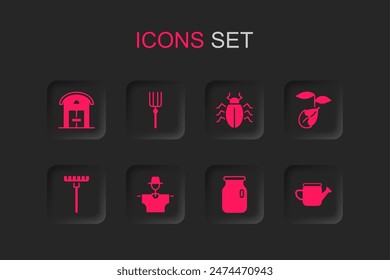 Set Scarecrow, Garden pitchfork, Farm house, Glass jar with screw-cap, Sprout, Watering can, Colorado beetle and rake icon. Vector